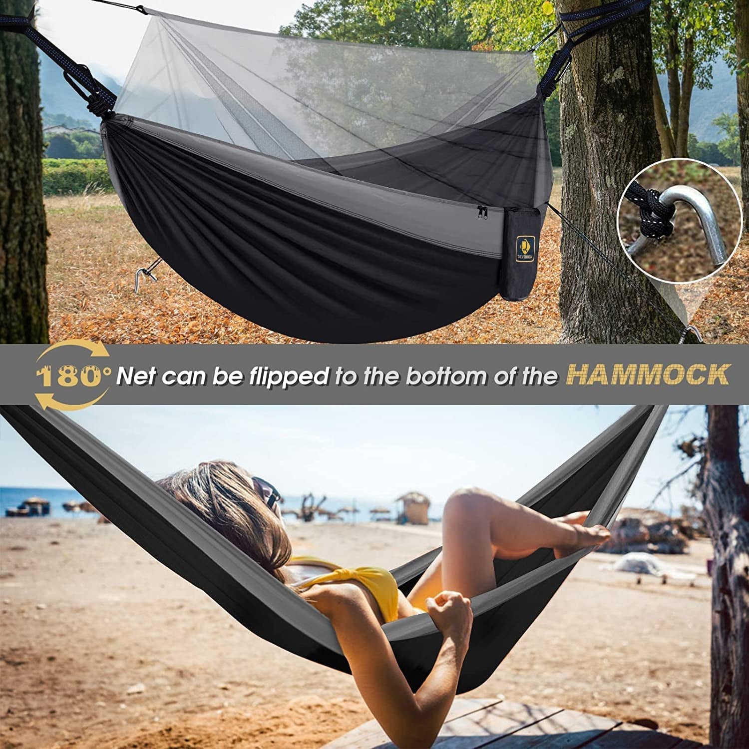 Camping Hammock with Net,Travel Portable Lightweight Hammocks with Tree Straps and Solid D-Shape Carabiners,Parachute Nylon Hammock for Outsides Backpacking Beach Backyard Patio Hiking - The Toy Base