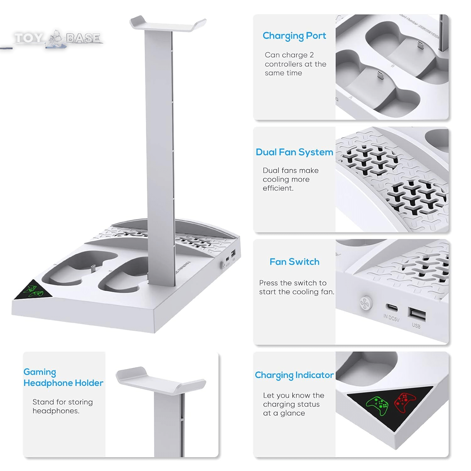 Charger Stand with Cooling Fan for Xbox Series S Console and Controller,Vertical Dual Charging Dock Accessories with 2 X 1400Mah Rechargeable Battery and Cover, Earphone Bracket for XSS - The Toy Base