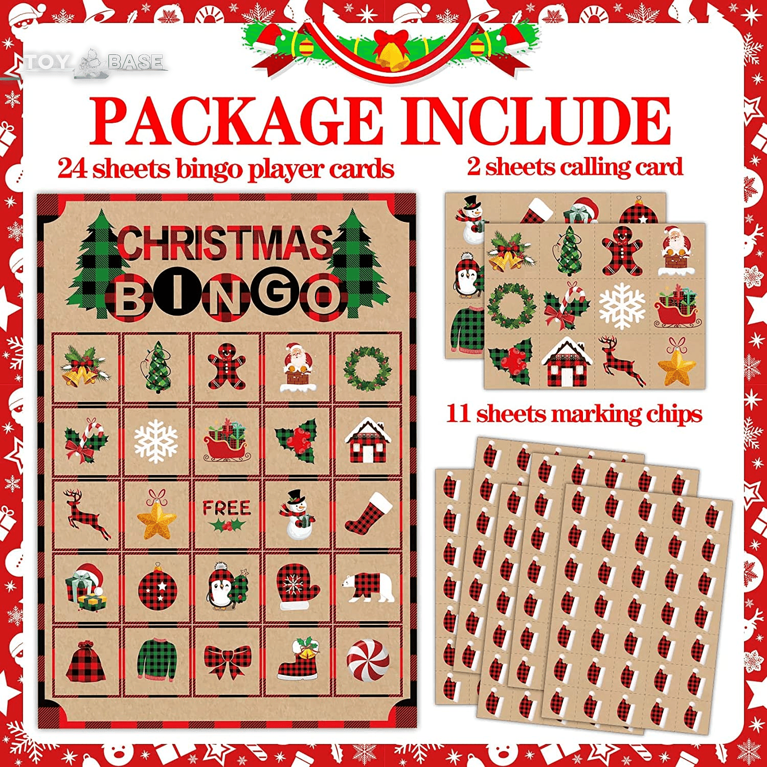 Christmas Bingo Cards Games - Christmas Crafts for Kids - Winter Holiday Activities for Family Large Group Classroom - The Toy Base