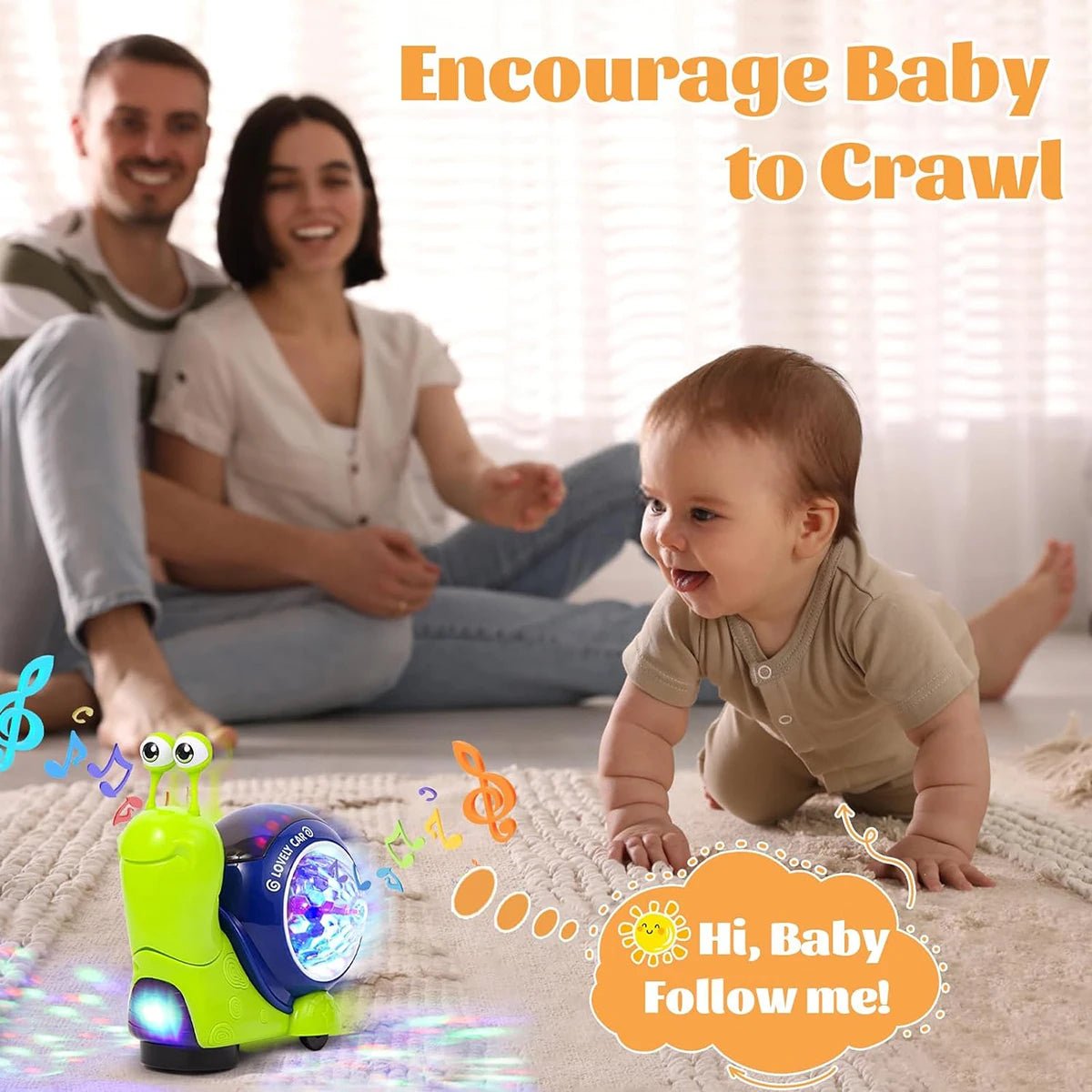 Crawling Snail Baby Toy, Walking Tummy Snail Toy for Babies, Interactive Musical Light up Crawling Toys (Green Snail) - I Love 💕