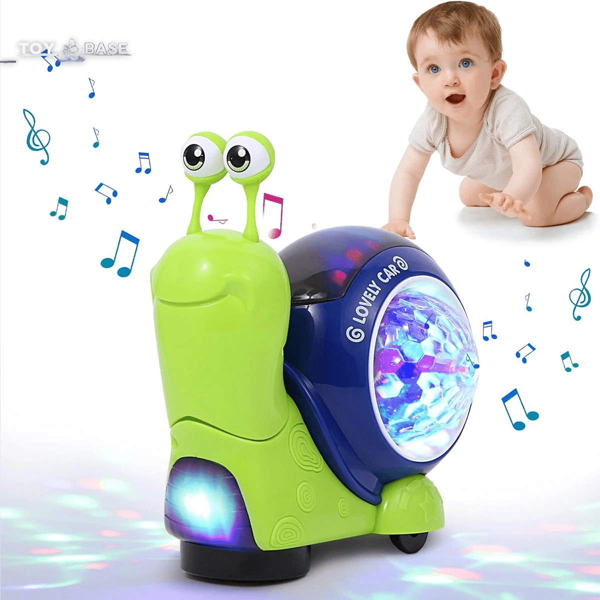 Crawling Snail Baby Toy, Walking Tummy Snail Toy for Babies, Interactive Musical Light up Crawling Toys (Green Snail) - I Love 💕