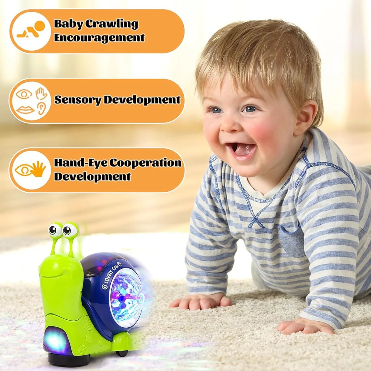 Crawling Snail Baby Toy, Walking Tummy Snail Toy for Babies, Interactive Musical Light up Crawling Toys (Green Snail) - I Love 💕