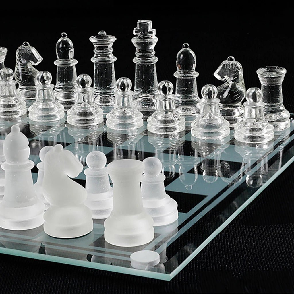 Crystal Chess Set Includes Frosted / Polished Glass Chess Board and 32 Chess Pieces, Adult Crystal Chess Set - The Toy Base