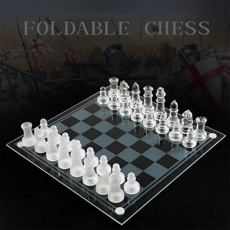 Crystal Chess Set Includes Frosted / Polished Glass Chess Board and 32 Chess Pieces, Adult Crystal Chess Set - The Toy Base