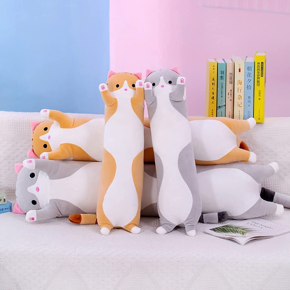 Cute Cat Plush Long Body Pillow Cuddle Cartoon Stuffed Animals Cat Plushie Soft Doll Pillows Gifts for Kids Girls (Orange, 19") - The Toy Base