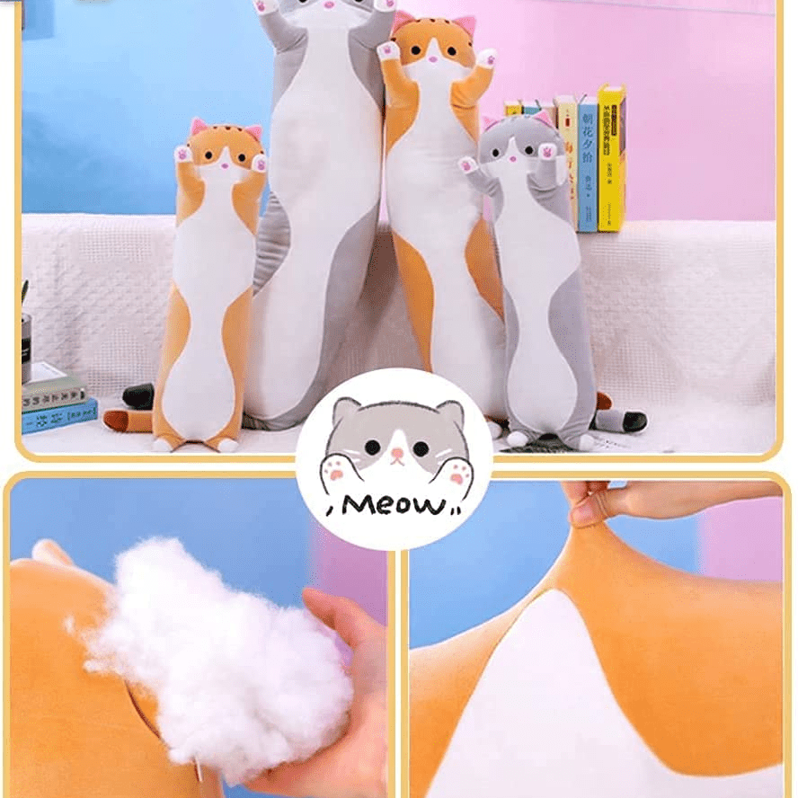 Cute Cat Plush Long Body Pillow Cuddle Cartoon Stuffed Animals Cat Plushie Soft Doll Pillows Gifts for Kids Girls (Orange, 19") - The Toy Base