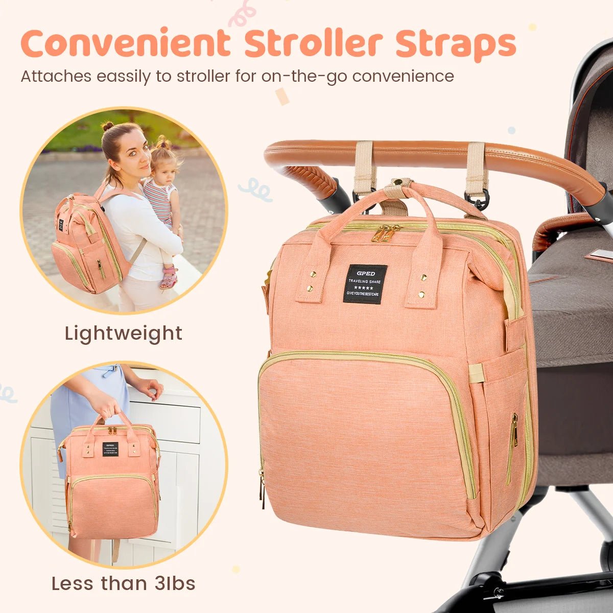 Diaper Bag Backpack, Multifunctional with Changing Station & Foldable Crib - I Love 💕