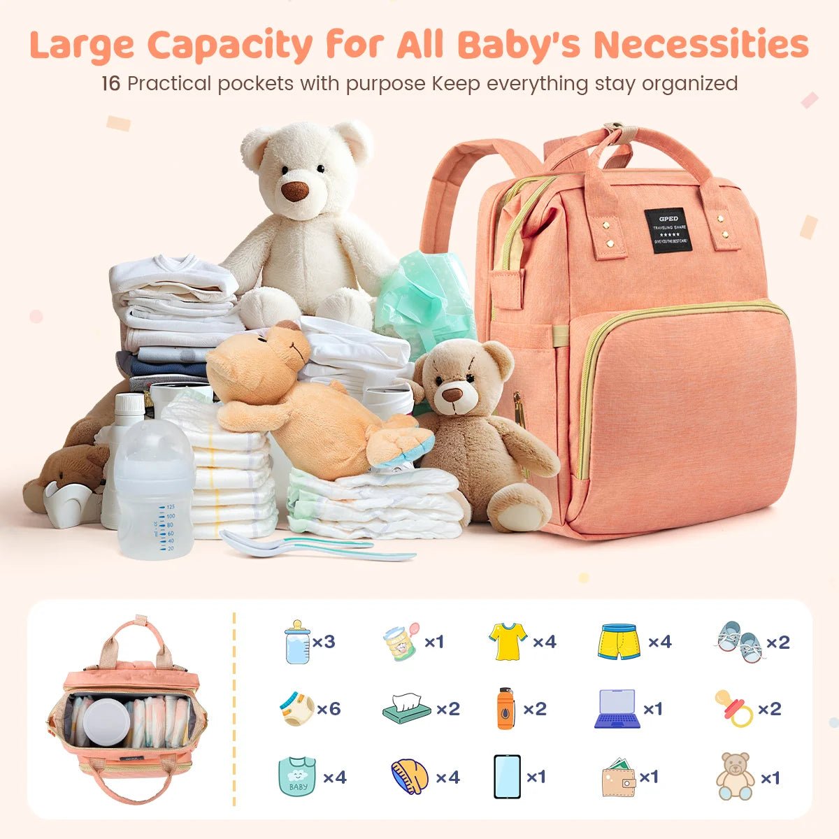 Diaper Bag Backpack, Multifunctional with Changing Station & Foldable Crib - I Love 💕