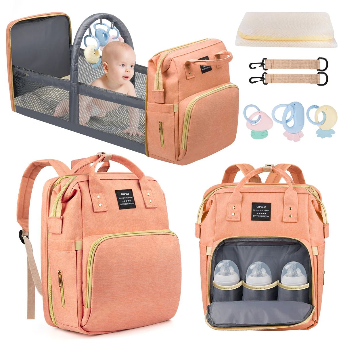 Diaper Bag Backpack, Multifunctional with Changing Station & Foldable Crib - I Love 💕