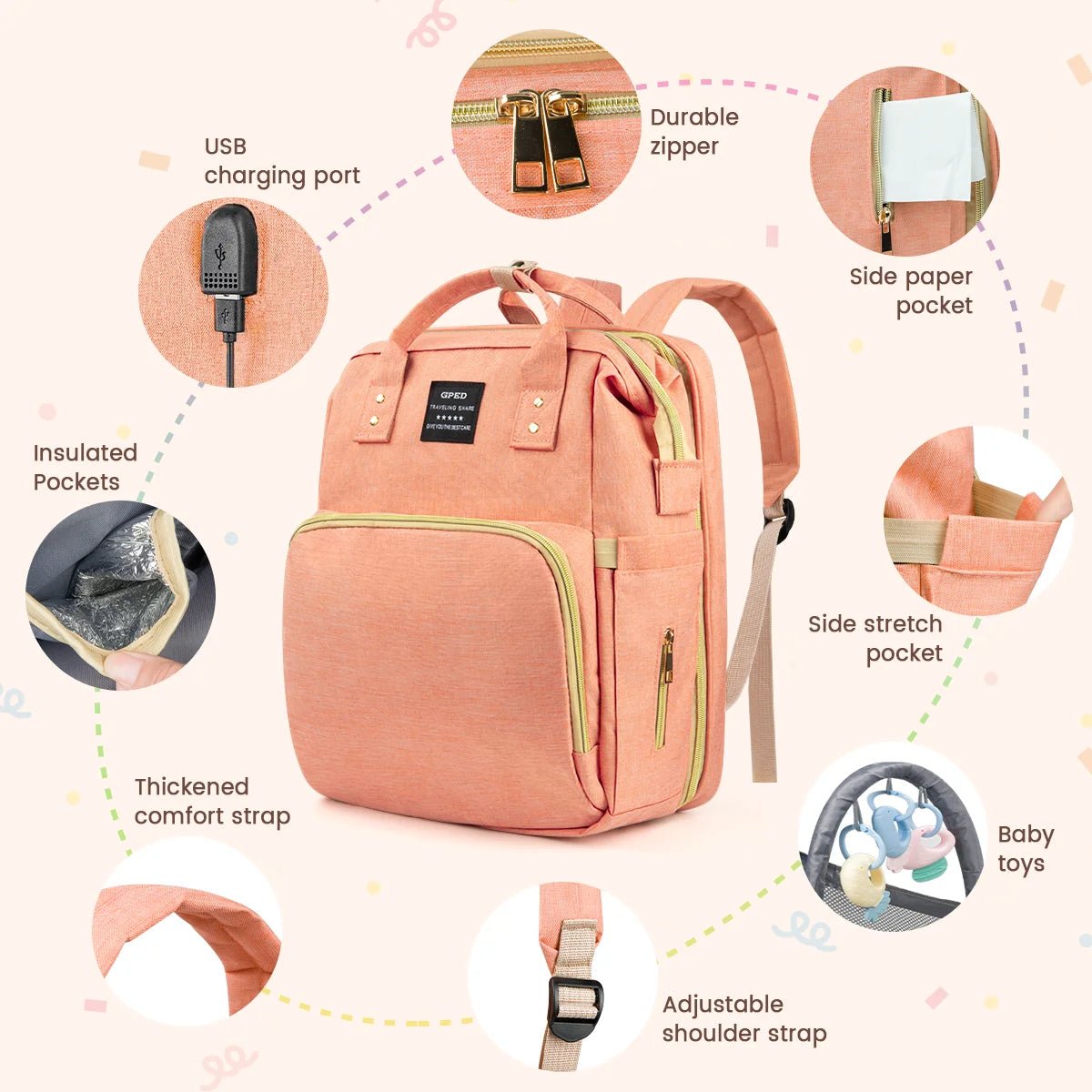 Diaper Bag Backpack, Multifunctional with Changing Station & Foldable Crib - I Love 💕