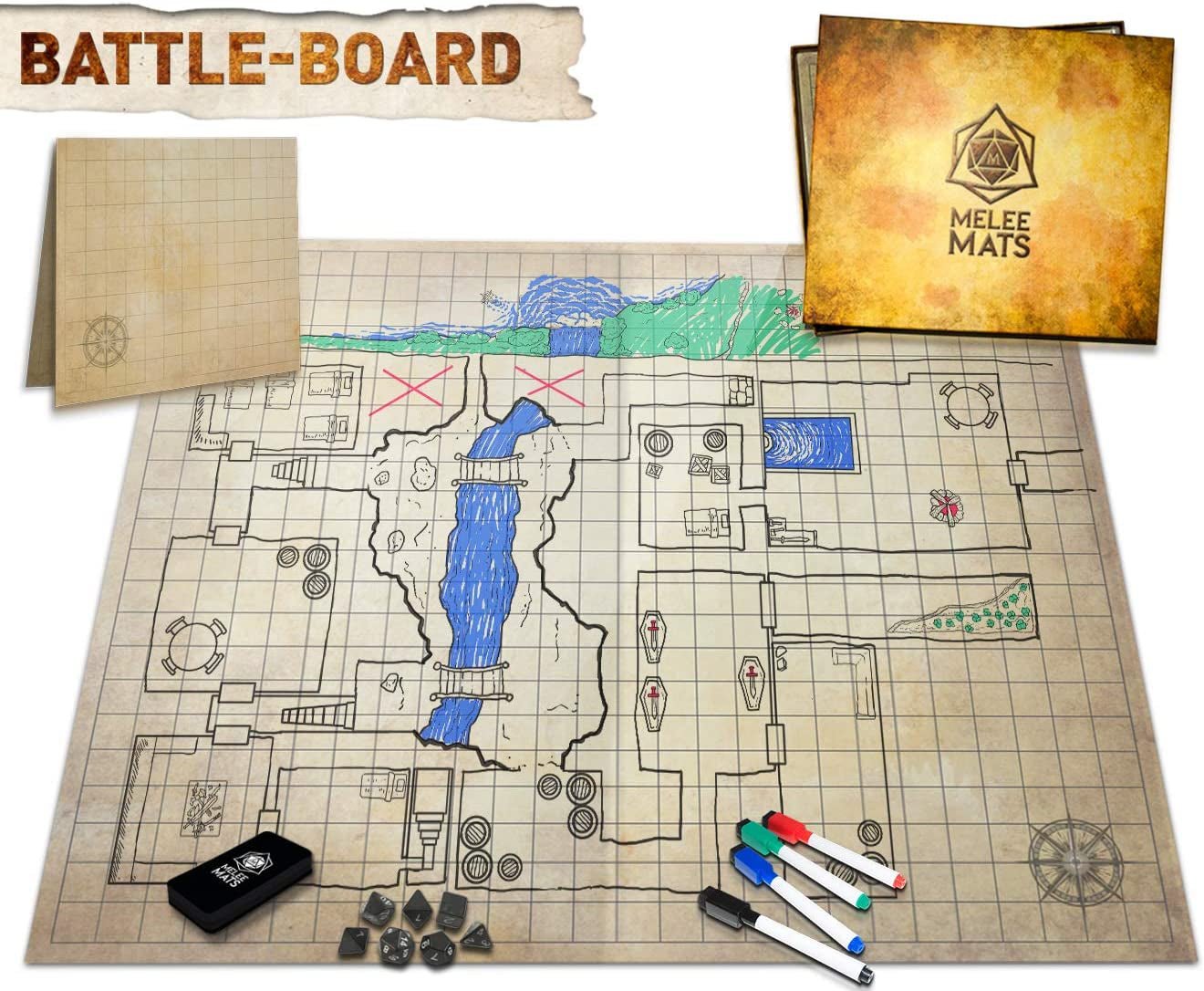 Dungeons & Dragons Game - DND Map Starter Kit - 23” X 27" Double Sided, Wet/Dry Erase Battle Terrain Grid - Ultimate Tabletop Board Gaming Experience with Accessories - The Toy Base