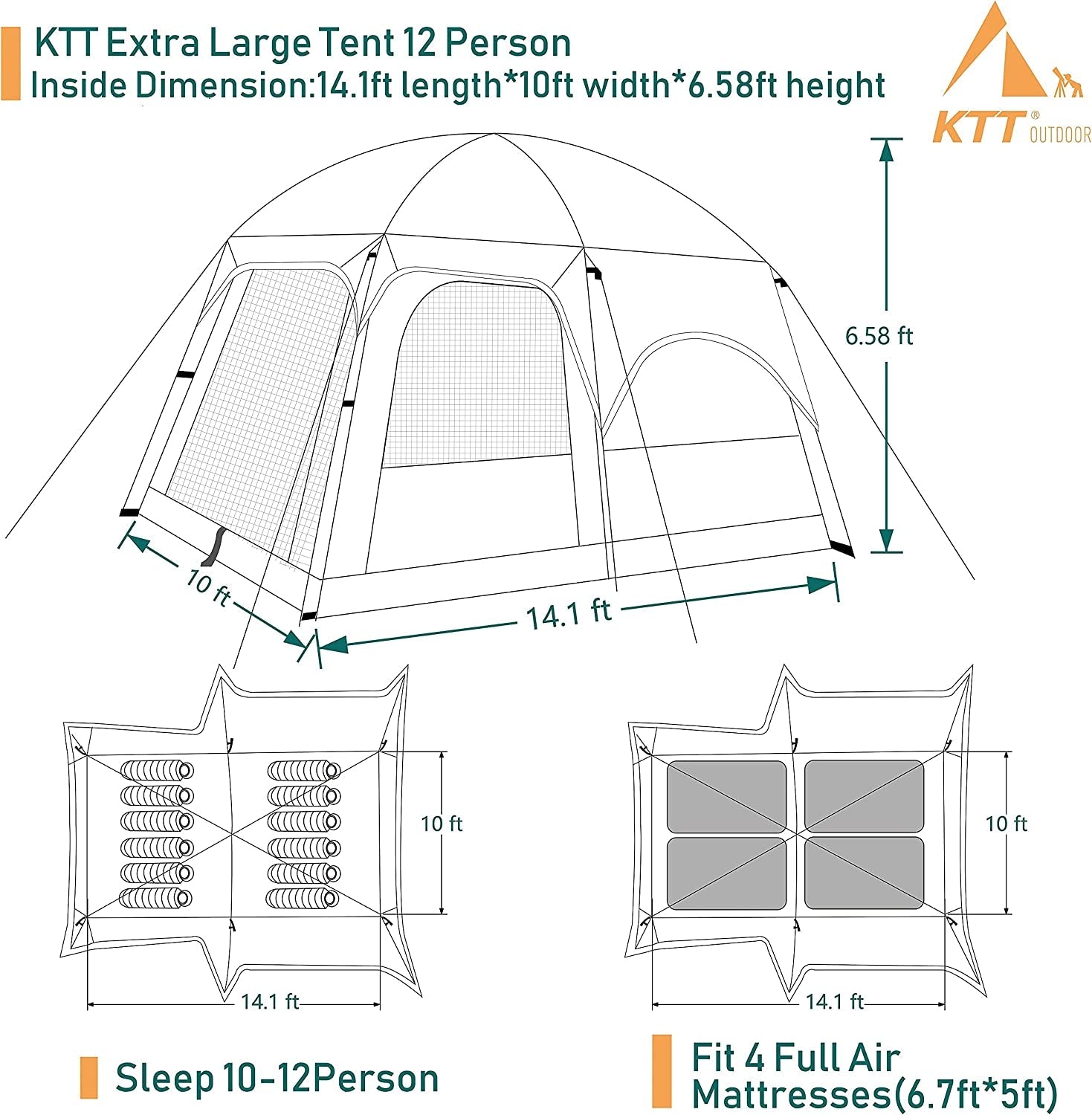 Extra Large Tent 12 Person(Style-B),Family Cabin Tents,2 Rooms,3 Doors and 3 Windows with Mesh,Straight Wall,Waterproof,Double Layer,Big Tent for Outdoor,Picnic,Camping,Family Gathering - The Toy Base