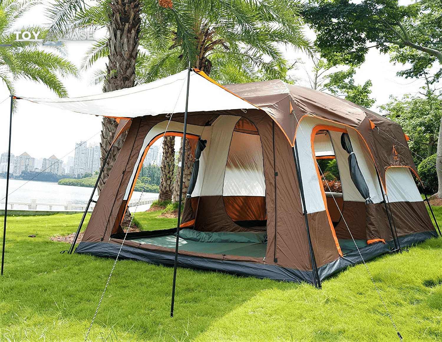 Extra Large Tent 12 Person(Style-B),Family Cabin Tents,2 Rooms,3 Doors and 3 Windows with Mesh,Straight Wall,Waterproof,Double Layer,Big Tent for Outdoor,Picnic,Camping,Family Gathering - The Toy Base