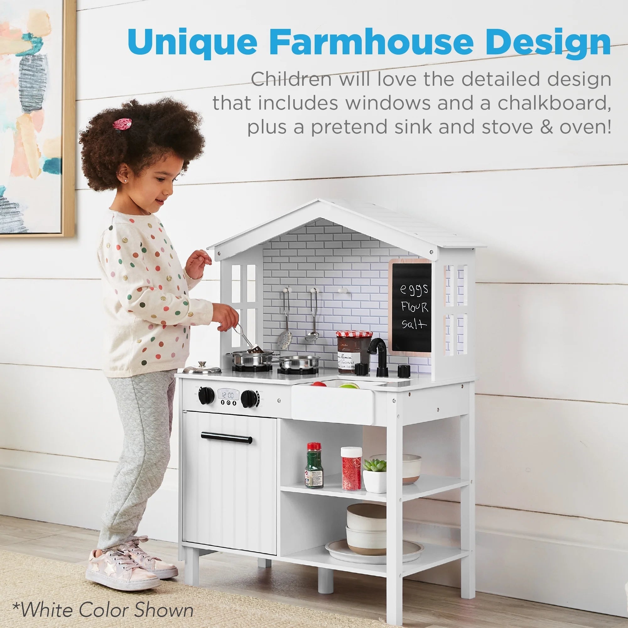 Farmhouse Play Kitchen Toy for Kids W/ Chalkboard, Storage Shelves, 5 Accessories - Beveled Blue - I Love 💕