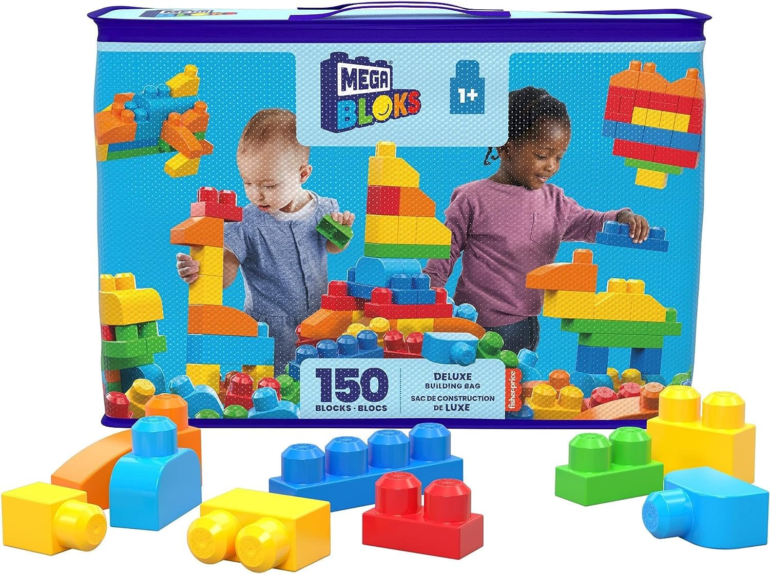 First Builders Deluxe Building Bag + ABC Musical Train, Building Set Bundle, Blue Bag, 200 Pieces - The Toy Base