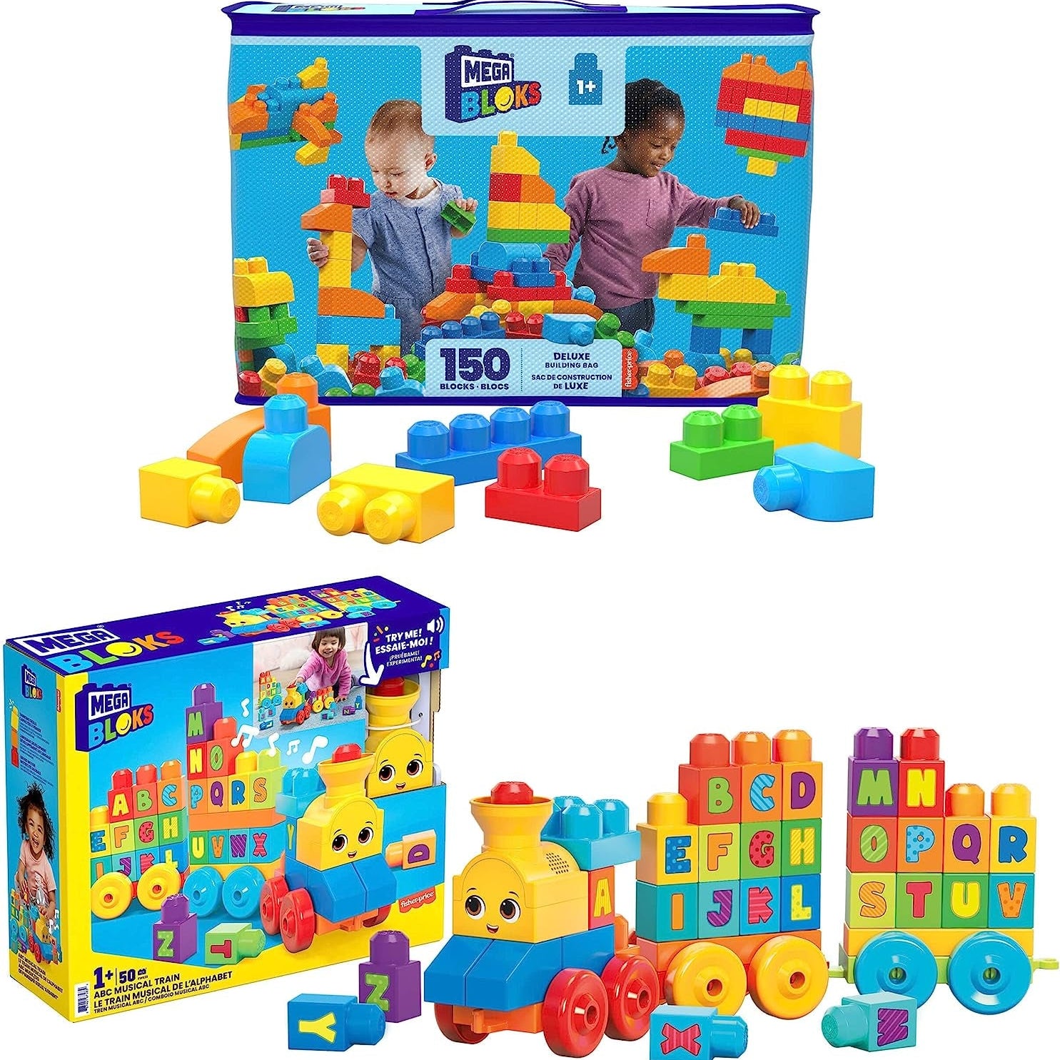 First Builders Deluxe Building Bag + ABC Musical Train, Building Set Bundle, Blue Bag, 200 Pieces - The Toy Base