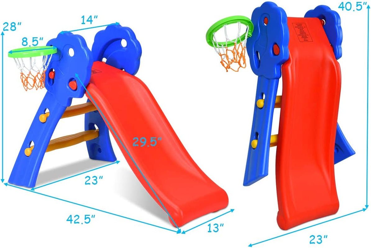 Folding Slide, Indoor First Slide Plastic Play Slide Climber Kids (Floral Rail +Basketball Hoop) - The Toy Base