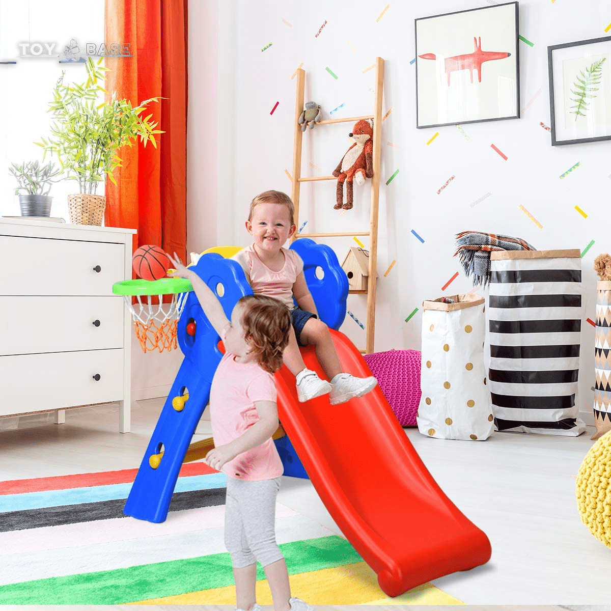 Folding Slide, Indoor First Slide Plastic Play Slide Climber Kids (Floral Rail +Basketball Hoop) - The Toy Base