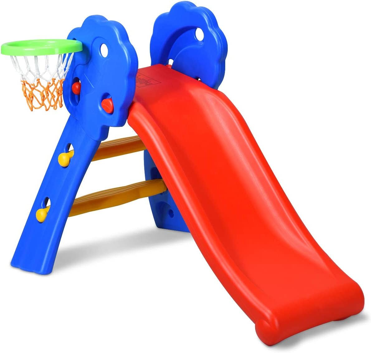 Folding Slide, Indoor First Slide Plastic Play Slide Climber Kids (Floral Rail +Basketball Hoop) - The Toy Base