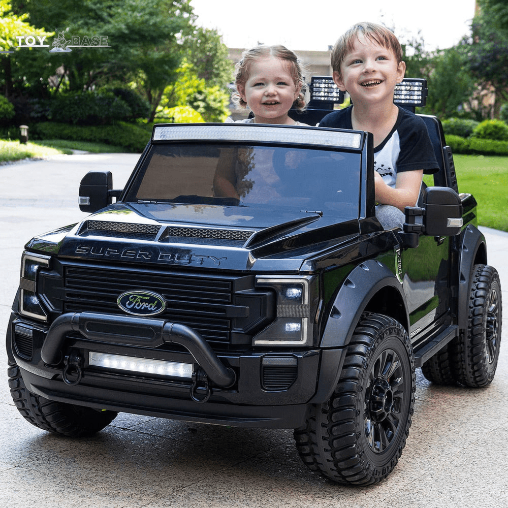 Ford F450 (2023 )- 2 Seater Ride on Kids Car,Truck W/ Remote - | Large 24V Battery Licensed Kid Car to Drive 3 Speeds, Leather Seat, MP3 Music by Bluetooth, FM Radio, Rubber Tires-Black - The Toy Base