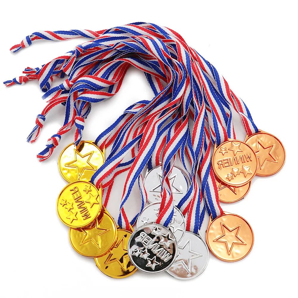 Gold Medals - Plastic - Award Medals with Ribbon - 10Pcs - Sport Game Prize - Photo Props - I Love 💕