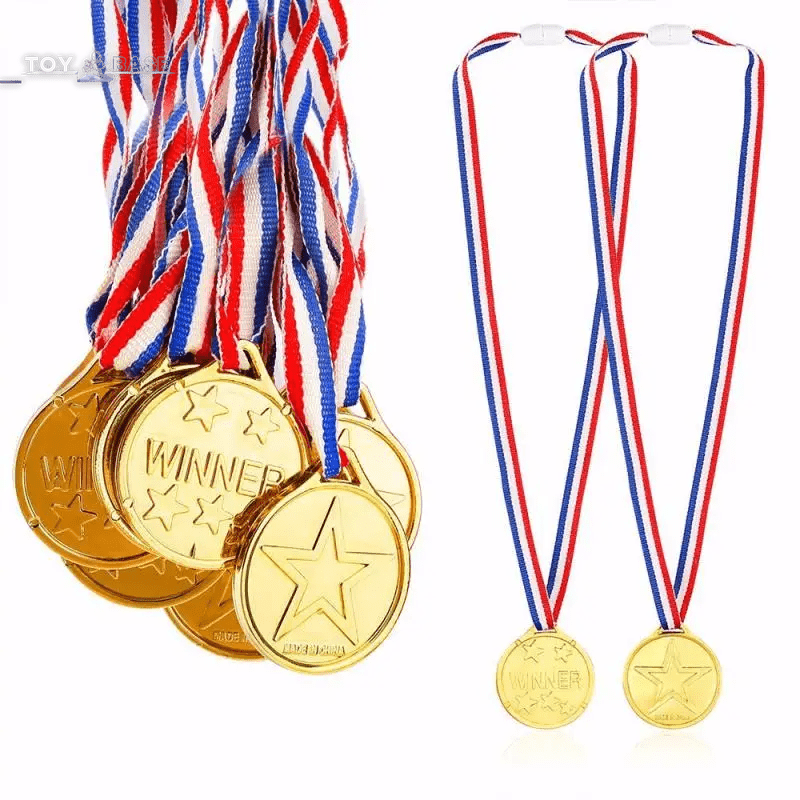 Gold Medals - Plastic - Award Medals with Ribbon - 10Pcs - Sport Game Prize - Photo Props - I Love 💕