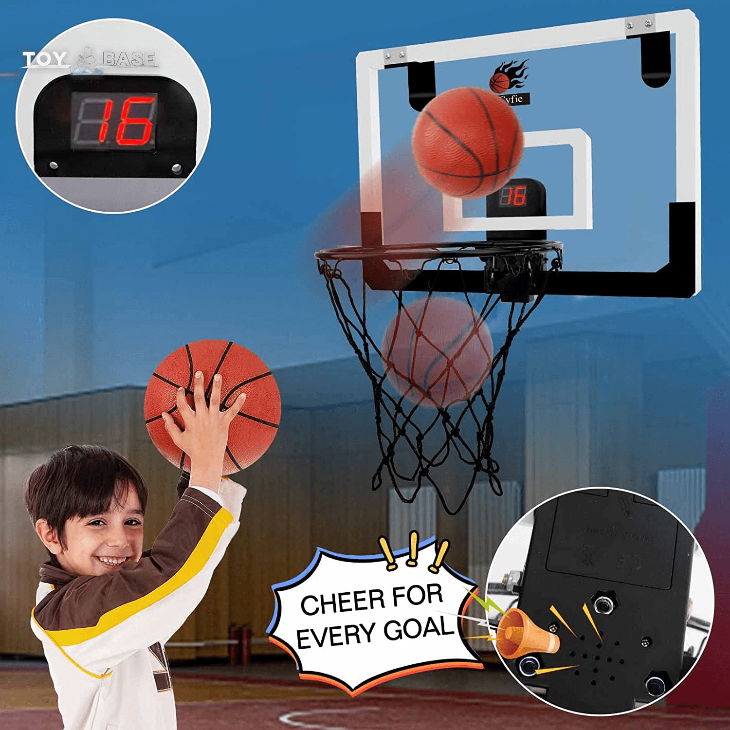 Indoor Mini Door Basketball Hoop - over the Door Backboard Rim with Scoreboard and Sounds - The Toy Base