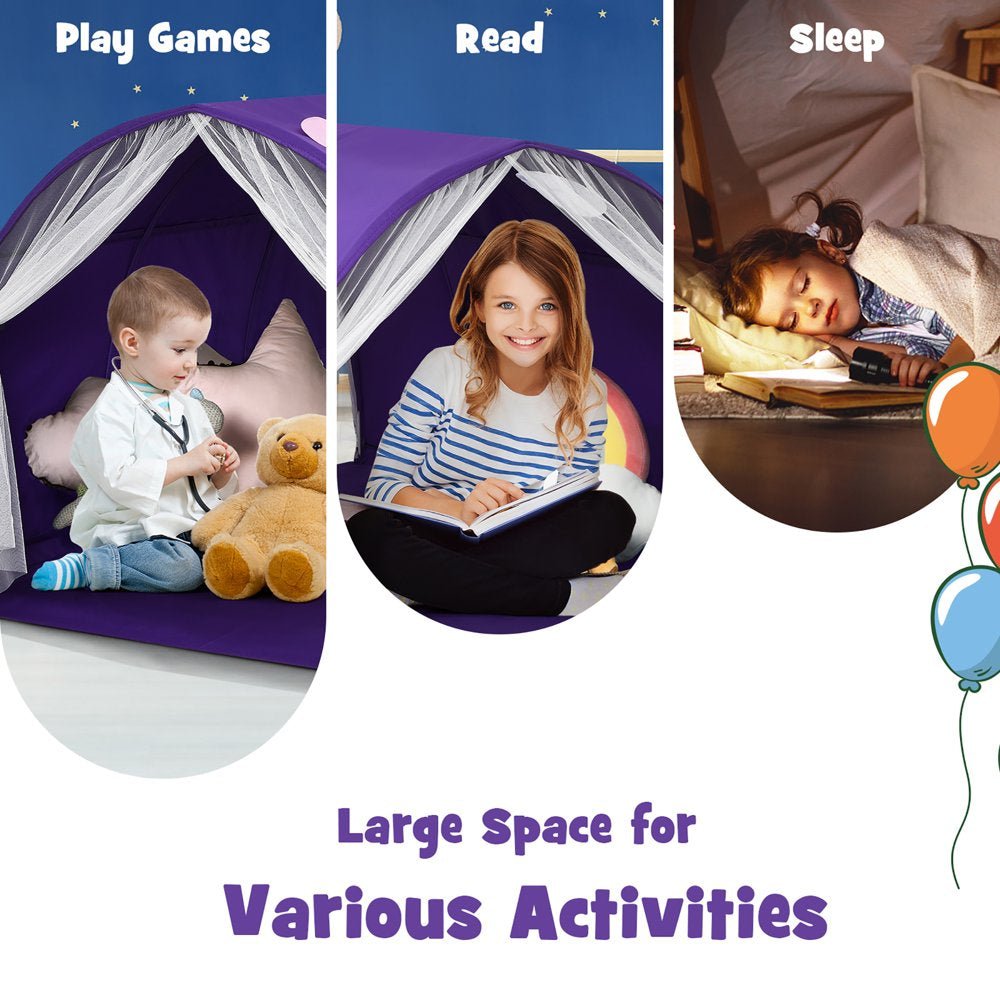 Kids Bed Tent Play Tent Portable Playhouse Twin Sleeping W/Carry Bag Purple - The Toy Base