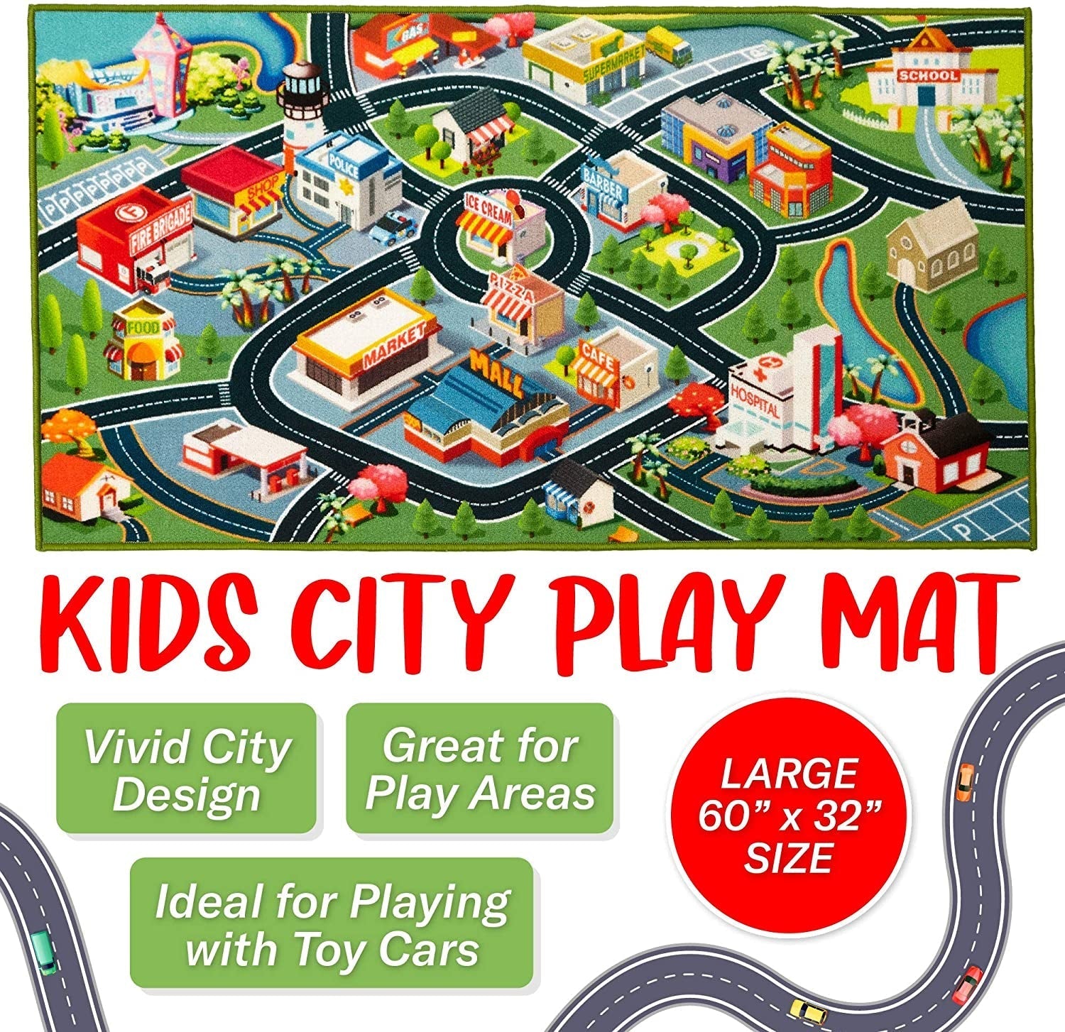 Kids Car Rug Play Mat - Vibrant Kids Carpet for Toy Cars, Road Rug Adventures in Toddler Room - Durable, Non-Slip & Easy Clean - The Toy Base