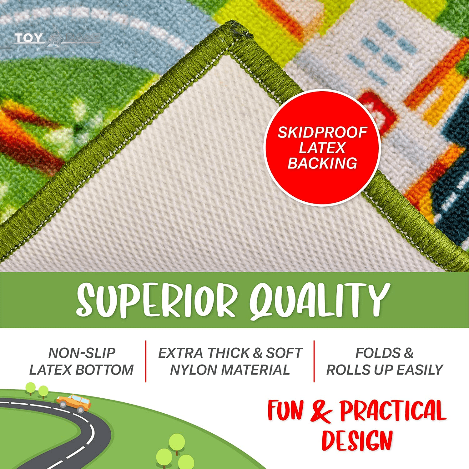 Kids Car Rug Play Mat - Vibrant Kids Carpet for Toy Cars, Road Rug Adventures in Toddler Room - Durable, Non-Slip & Easy Clean - The Toy Base