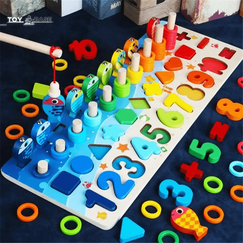 Kids Montessori Math Toys for Toddlers Educational Wooden Puzzle Fishing Toys Count Number Shape Matching Sorter Games Board Toy - The Toy Base