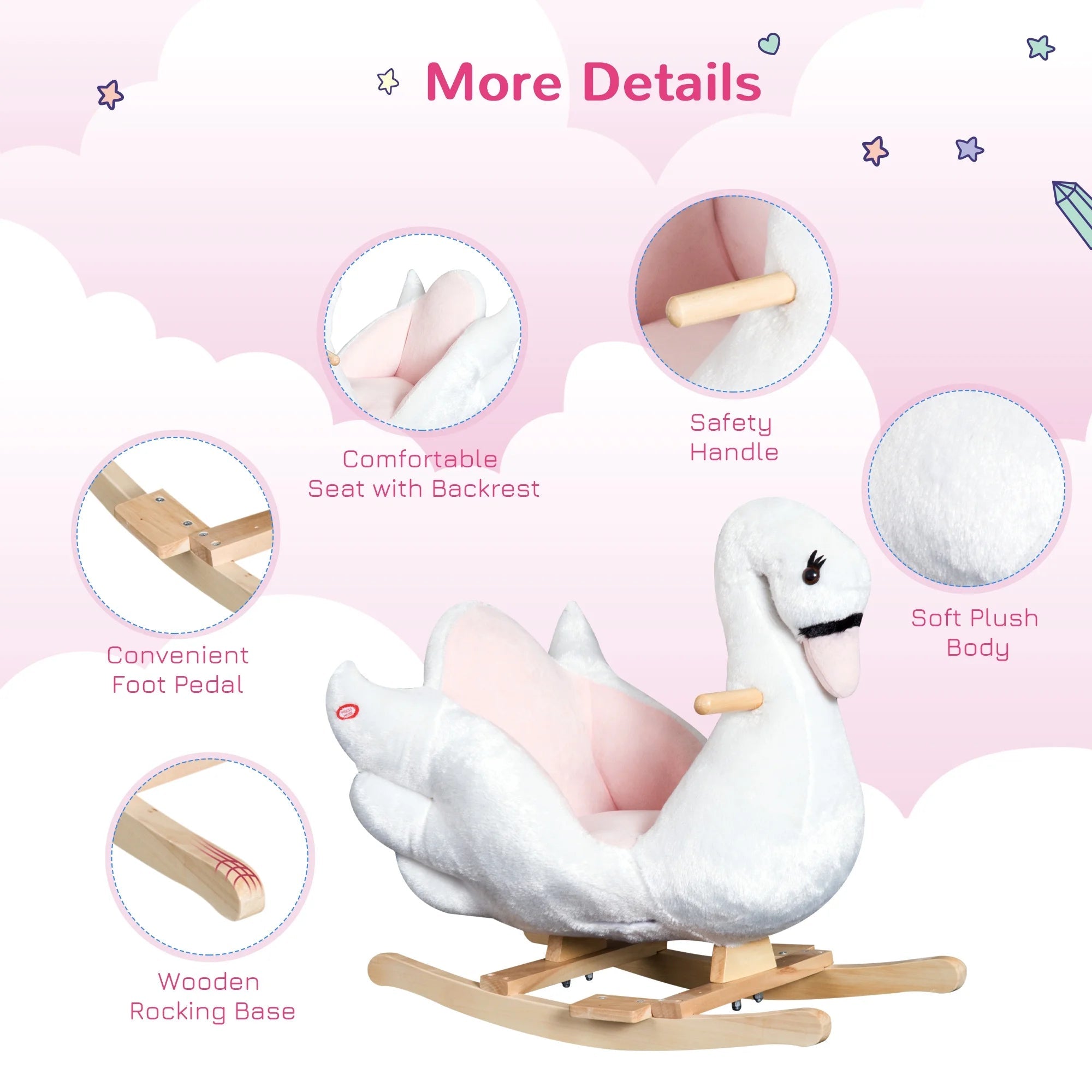 Kids Ride on Rocking Horse Plush Swan Style Toy with Music for over 18 Months Children, White and Pink - I Love 💕