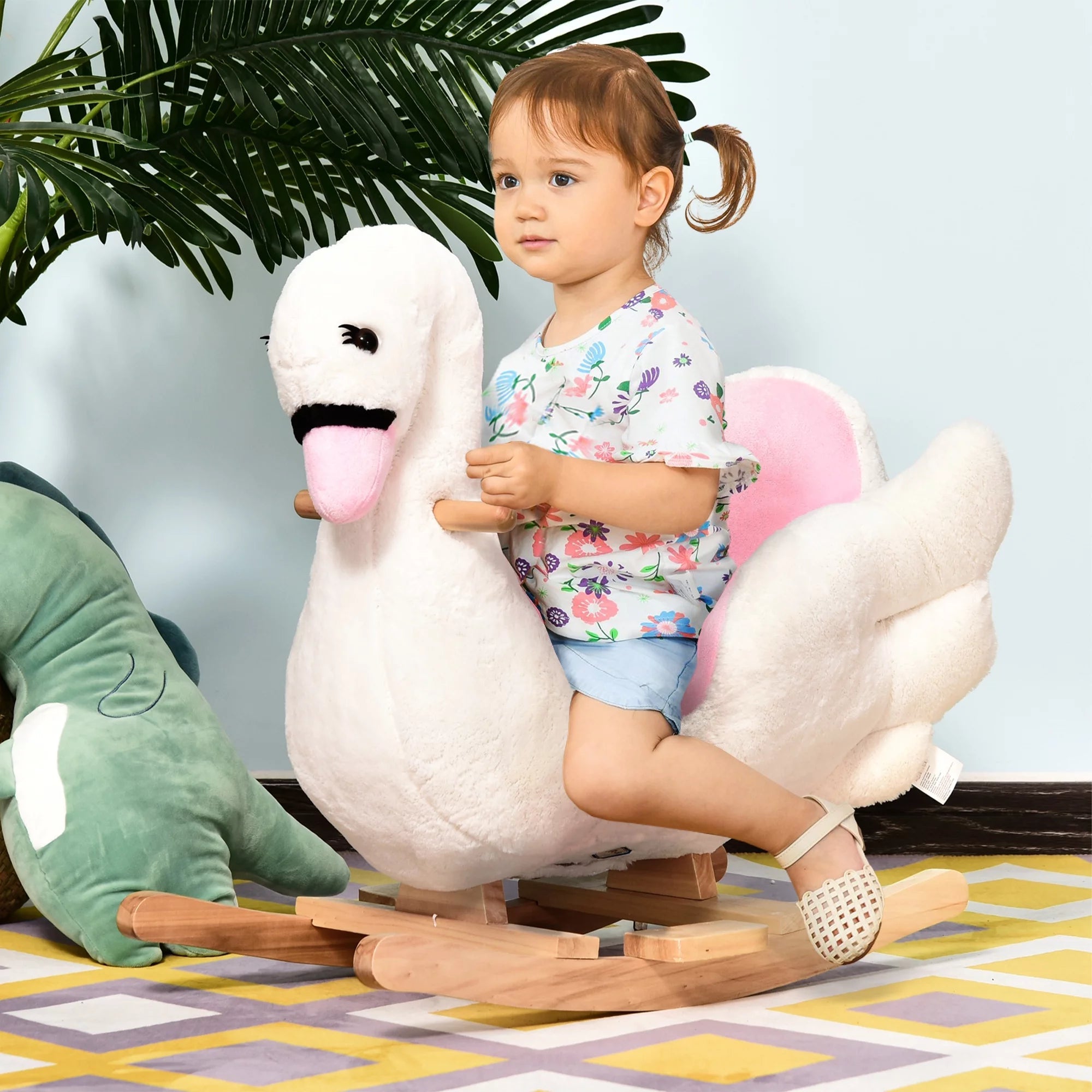 Kids Ride on Rocking Horse Plush Swan Style Toy with Music for over 18 Months Children, White and Pink - I Love 💕