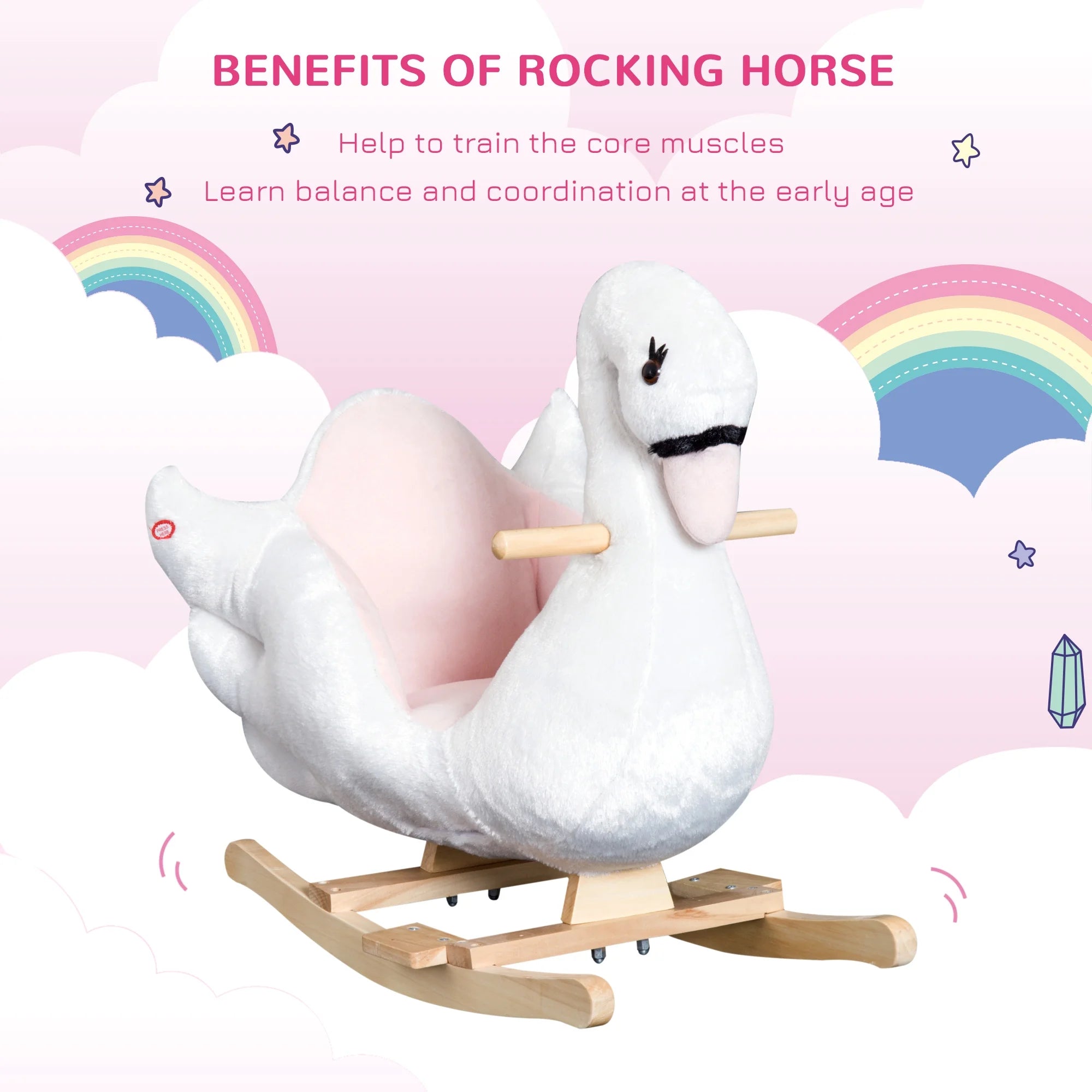 Kids Ride on Rocking Horse Plush Swan Style Toy with Music for over 18 Months Children, White and Pink - I Love 💕