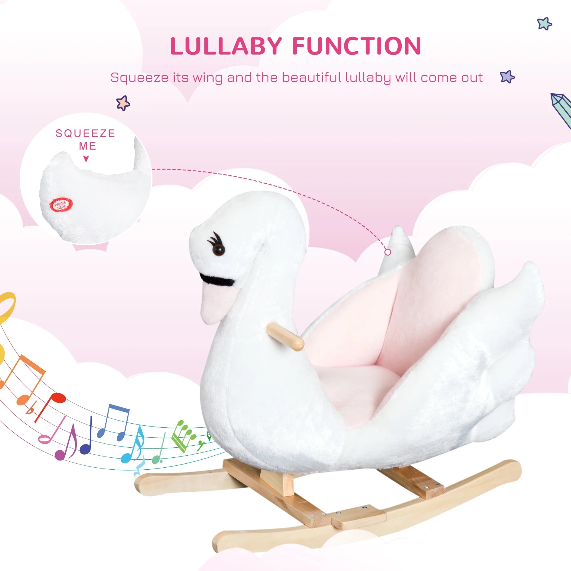 Kids Ride on Rocking Horse Plush Swan Style Toy with Music for over 18 Months Children, White and Pink - I Love 💕