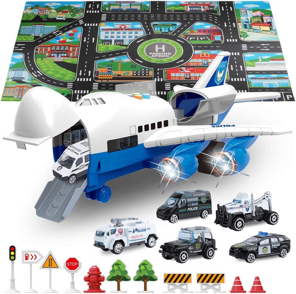 Large Airplane Toy with 6 Police Cars Set, 32.6X22.4 Inch Play Mat, 11 Road Signs, 9 in 1 Vehicle Toys for 2 & 3 Year Old Boys, Kids, Toddlers, Childs - The Toy Base