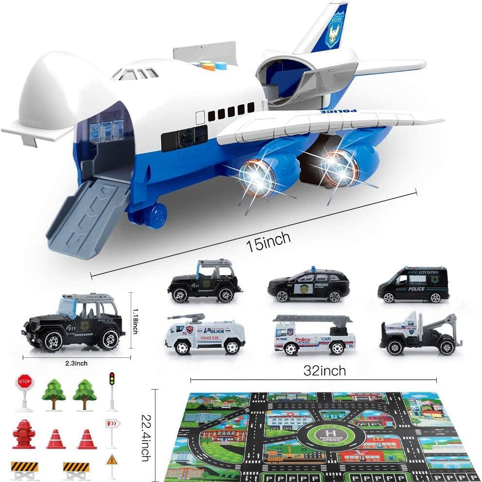 Large Airplane Toy with 6 Police Cars Set, 32.6X22.4 Inch Play Mat, 11 Road Signs, 9 in 1 Vehicle Toys for 2 & 3 Year Old Boys, Kids, Toddlers, Childs - The Toy Base