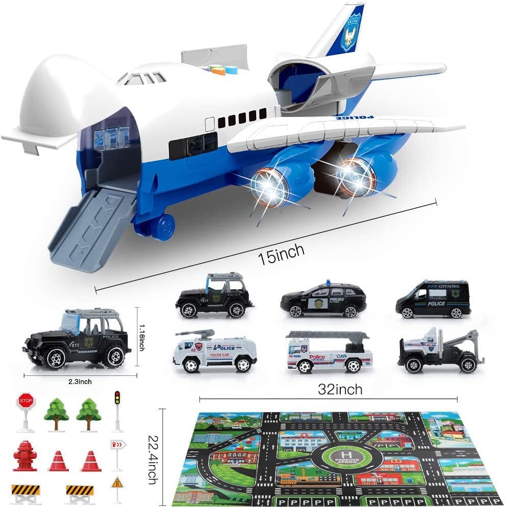 Large Airplane Toy with 6 Police Cars Set, 32.6X22.4 Inch Play Mat, 11 Road Signs, 9 in 1 Vehicle Toys for 2 & 3 Year Old Boys, Kids, Toddlers, Childs - The Toy Base