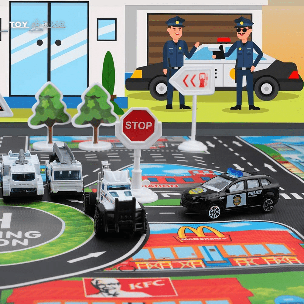 Large Airplane Toy with 6 Police Cars Set, 32.6X22.4 Inch Play Mat, 11 Road Signs, 9 in 1 Vehicle Toys for 2 & 3 Year Old Boys, Kids, Toddlers, Childs - The Toy Base