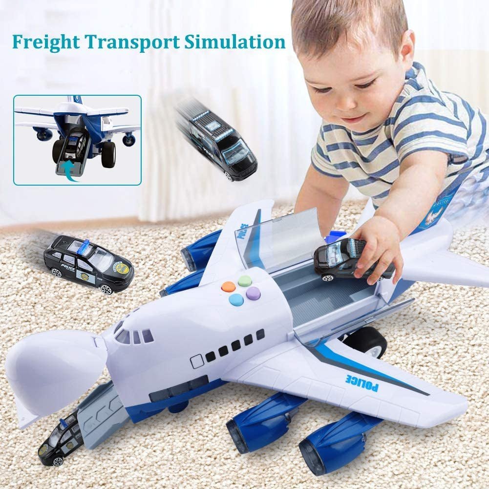 Large Airplane Toy with 6 Police Cars Set, 32.6X22.4 Inch Play Mat, 11 Road Signs, 9 in 1 Vehicle Toys for 2 & 3 Year Old Boys, Kids, Toddlers, Childs - The Toy Base