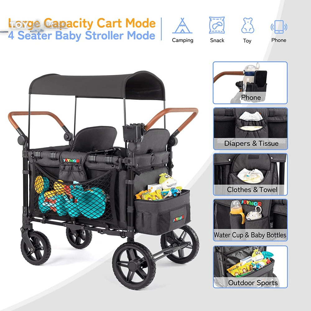 Luxury 4 Seater Wagon Stroller (Features: Rubber Wheel- 5-Point Harnesses - Double Side Handles - Adjustable/Removable Uv-Protection Canopy - The Toy Base