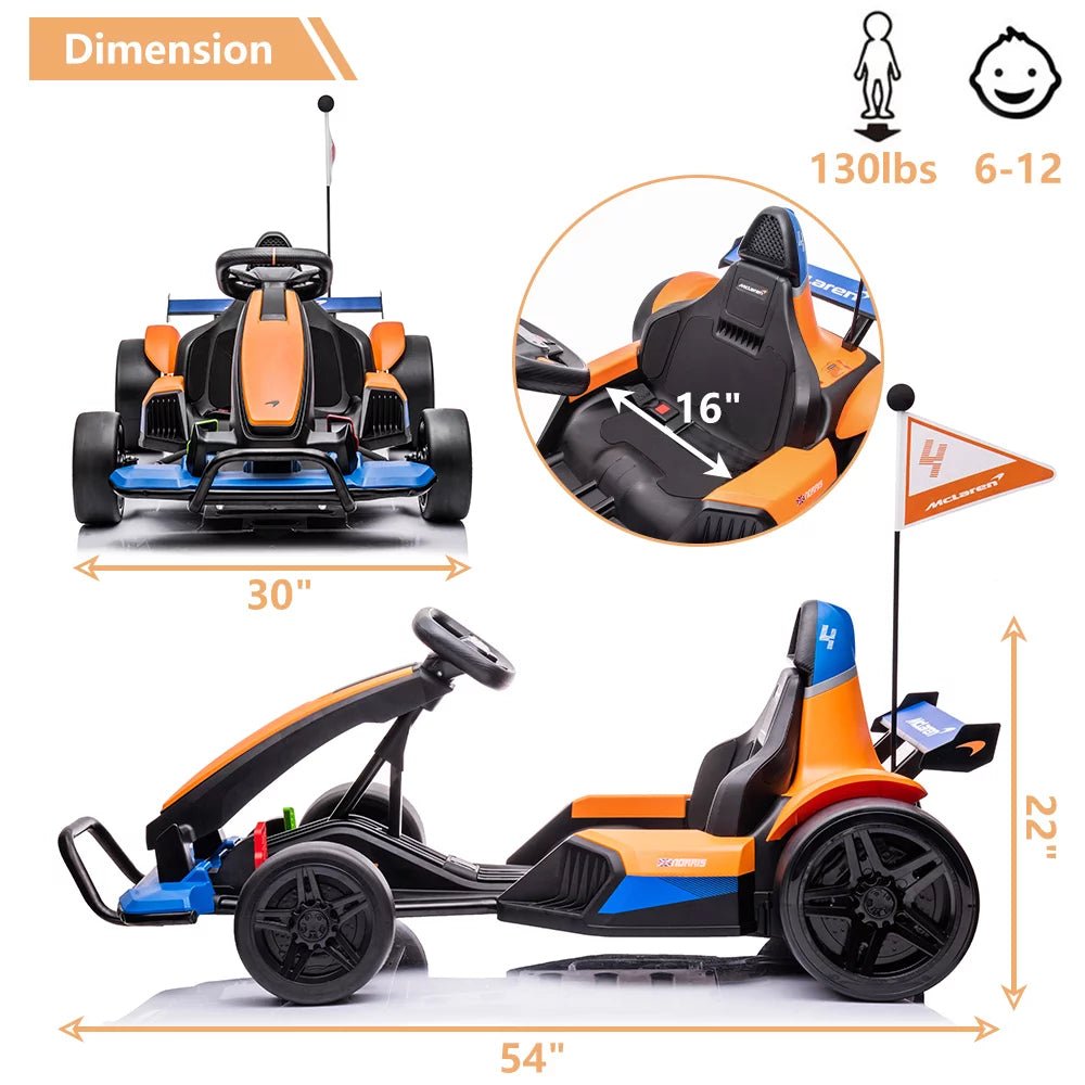 Mclaren Go Kart - 24V Battery Powered - Ride on Car with Bluetooth Function - Safety Belt, LED Lights - I Love 💕