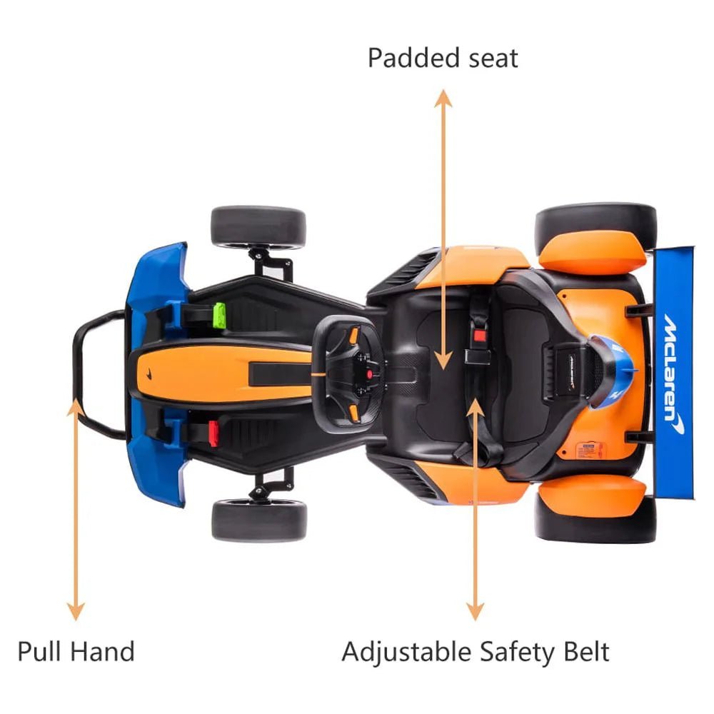 Mclaren Go Kart - 24V Battery Powered - Ride on Car with Bluetooth Function - Safety Belt, LED Lights - I Love 💕