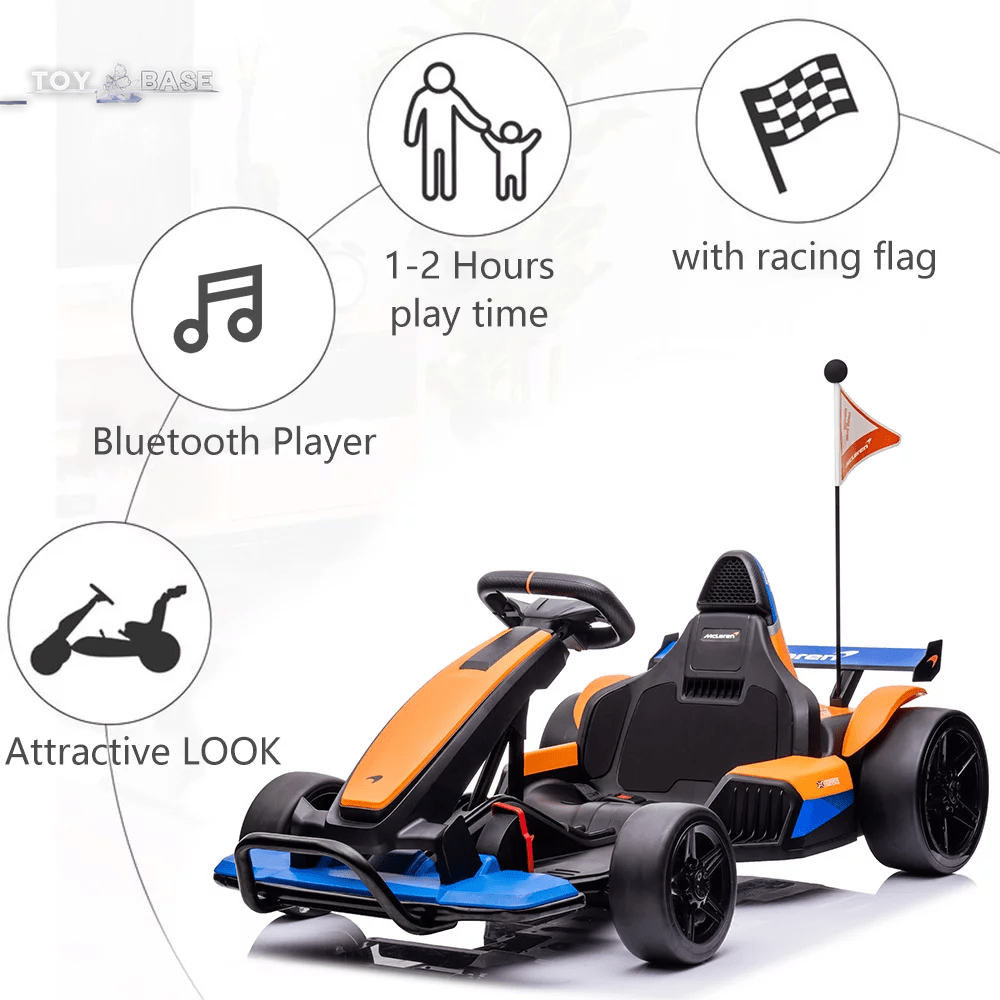 Mclaren Go Kart - 24V Battery Powered - Ride on Car with Bluetooth Function - Safety Belt, LED Lights - I Love 💕