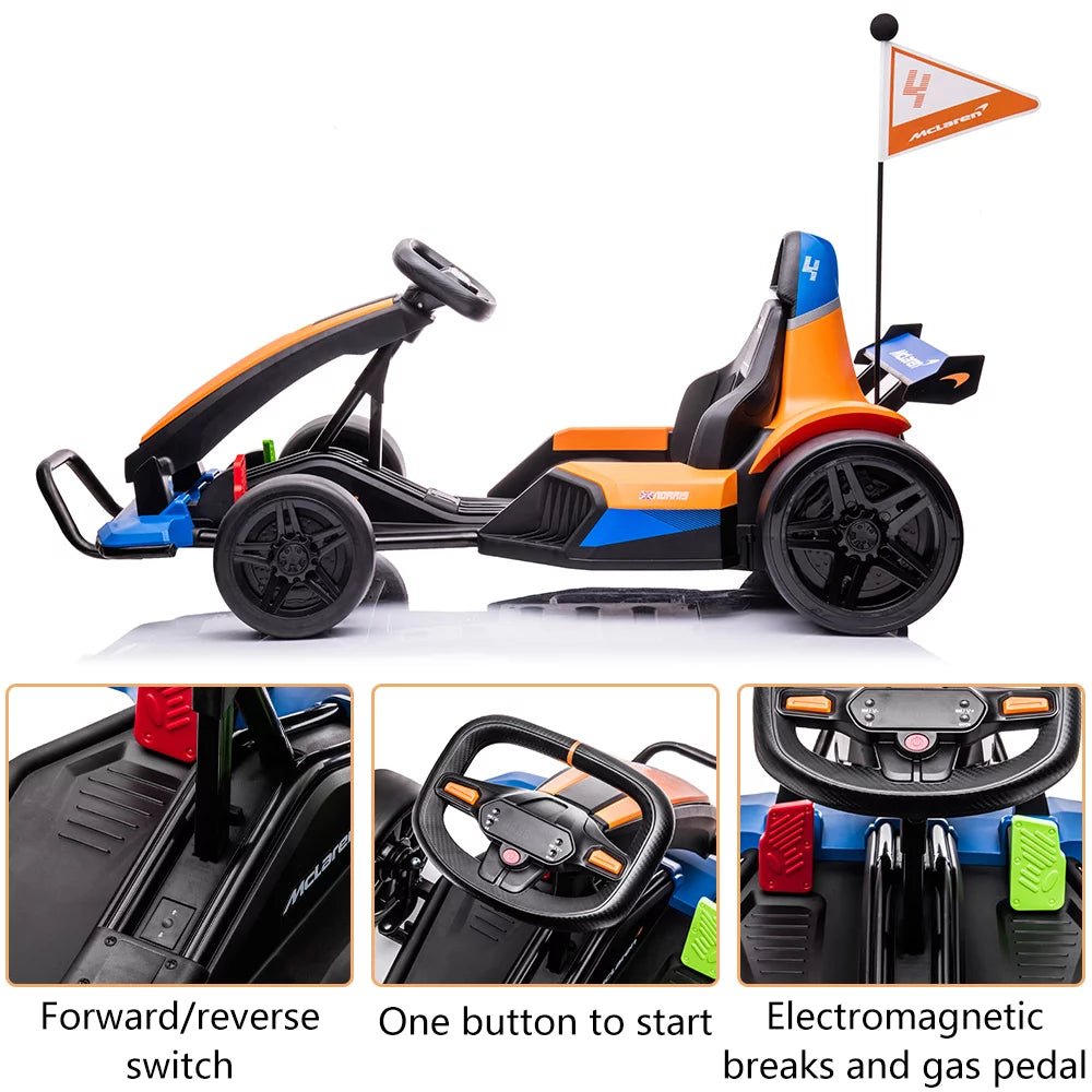 Mclaren Go Kart - 24V Battery Powered - Ride on Car with Bluetooth Function - Safety Belt, LED Lights - I Love 💕