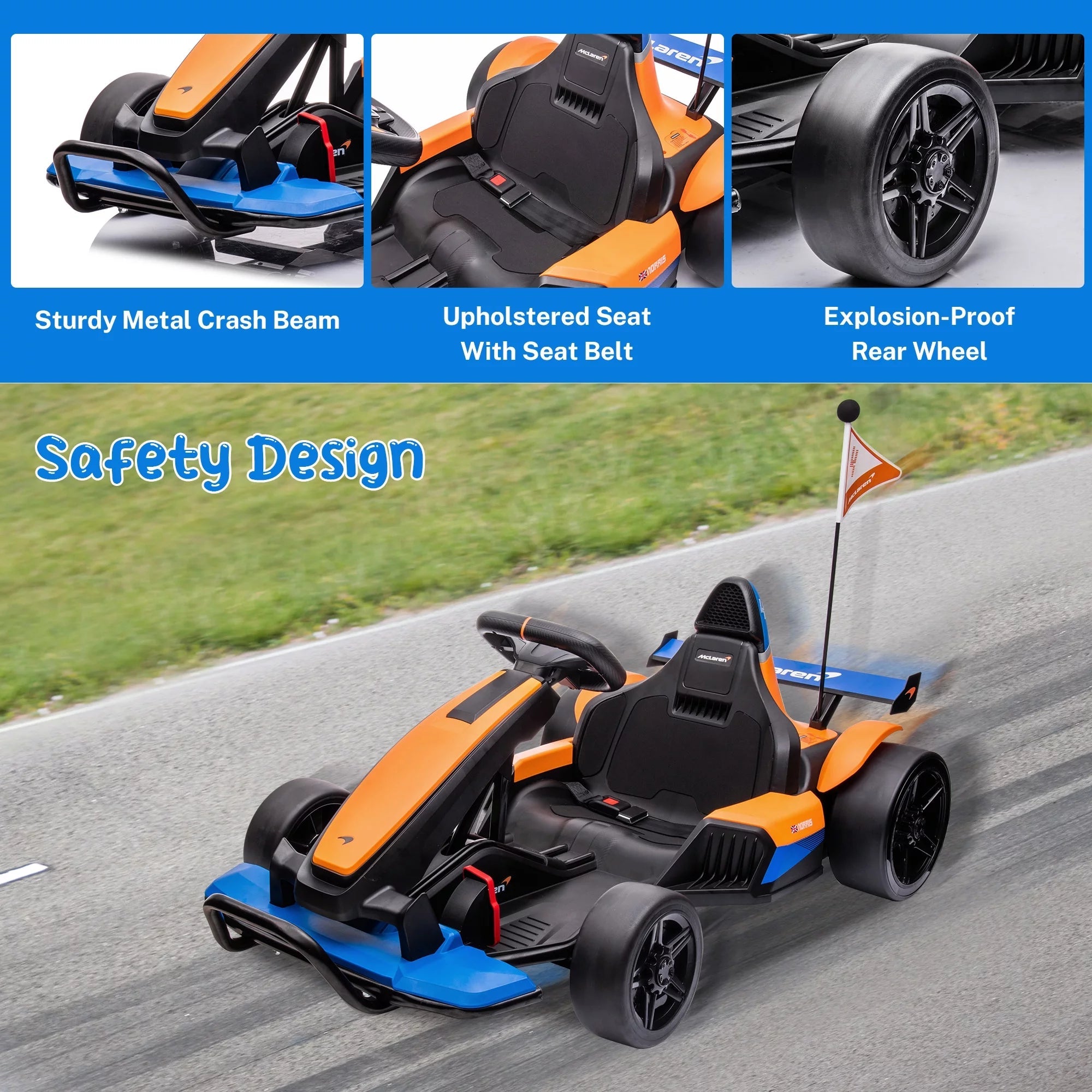 Mclaren Go Kart - 24V Battery Powered - Ride on Car with Bluetooth Function - Safety Belt, LED Lights - I Love 💕