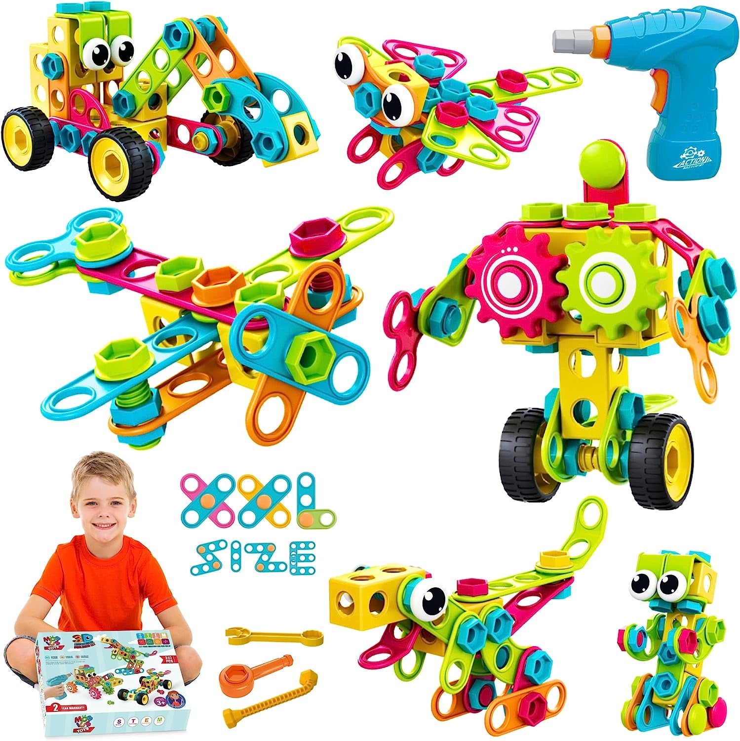 MOBI-US Toys 260 Piece STEM Learning Toys Kids Construction Engineering Kit Building Block Toy Blocks Children Early Education Playset Power Drill W/Free Ideabook, Clickable Ratchet, Age 3+ US-T260 - The Toy Base