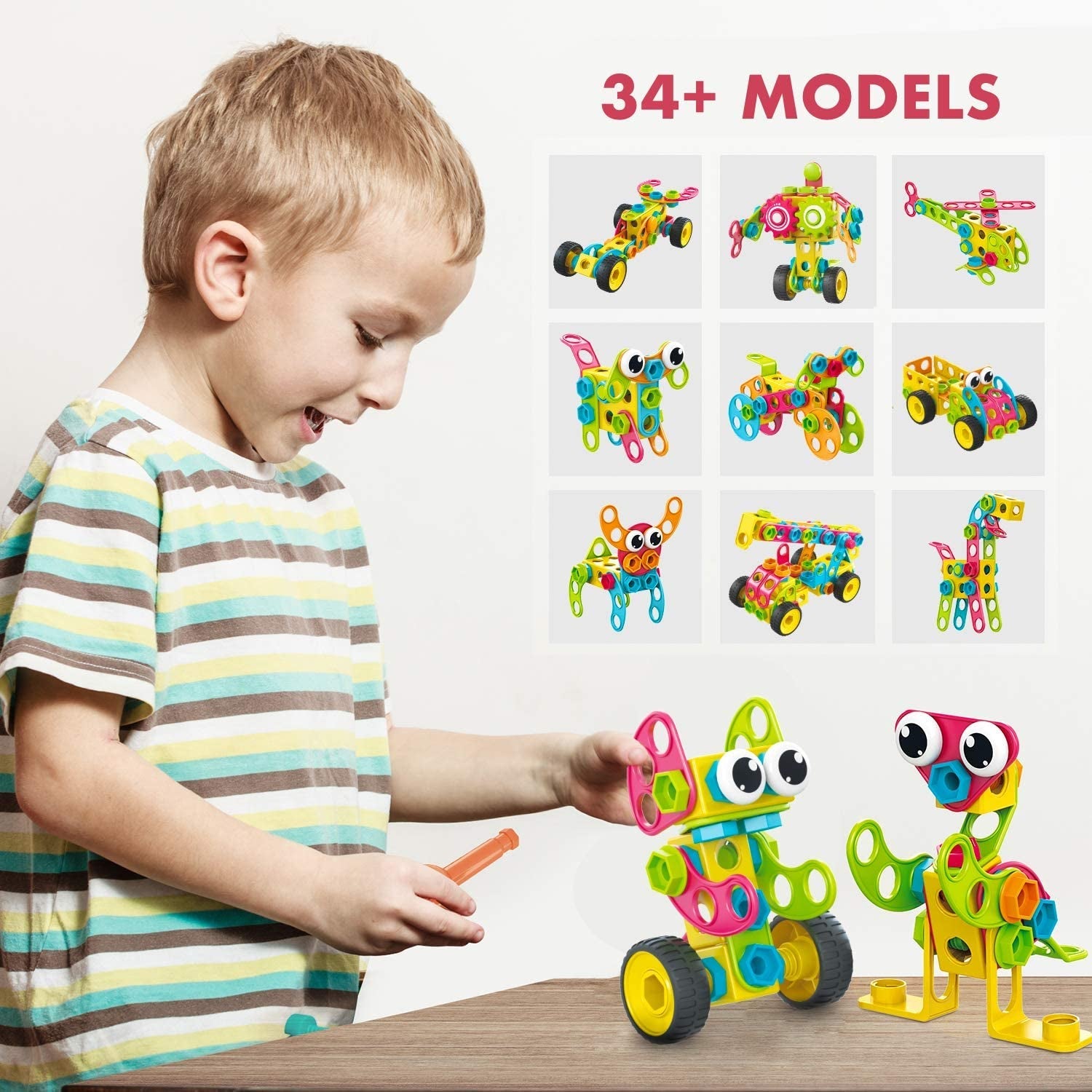 MOBI-US Toys 260 Piece STEM Learning Toys Kids Construction Engineering Kit Building Block Toy Blocks Children Early Education Playset Power Drill W/Free Ideabook, Clickable Ratchet, Age 3+ US-T260 - The Toy Base