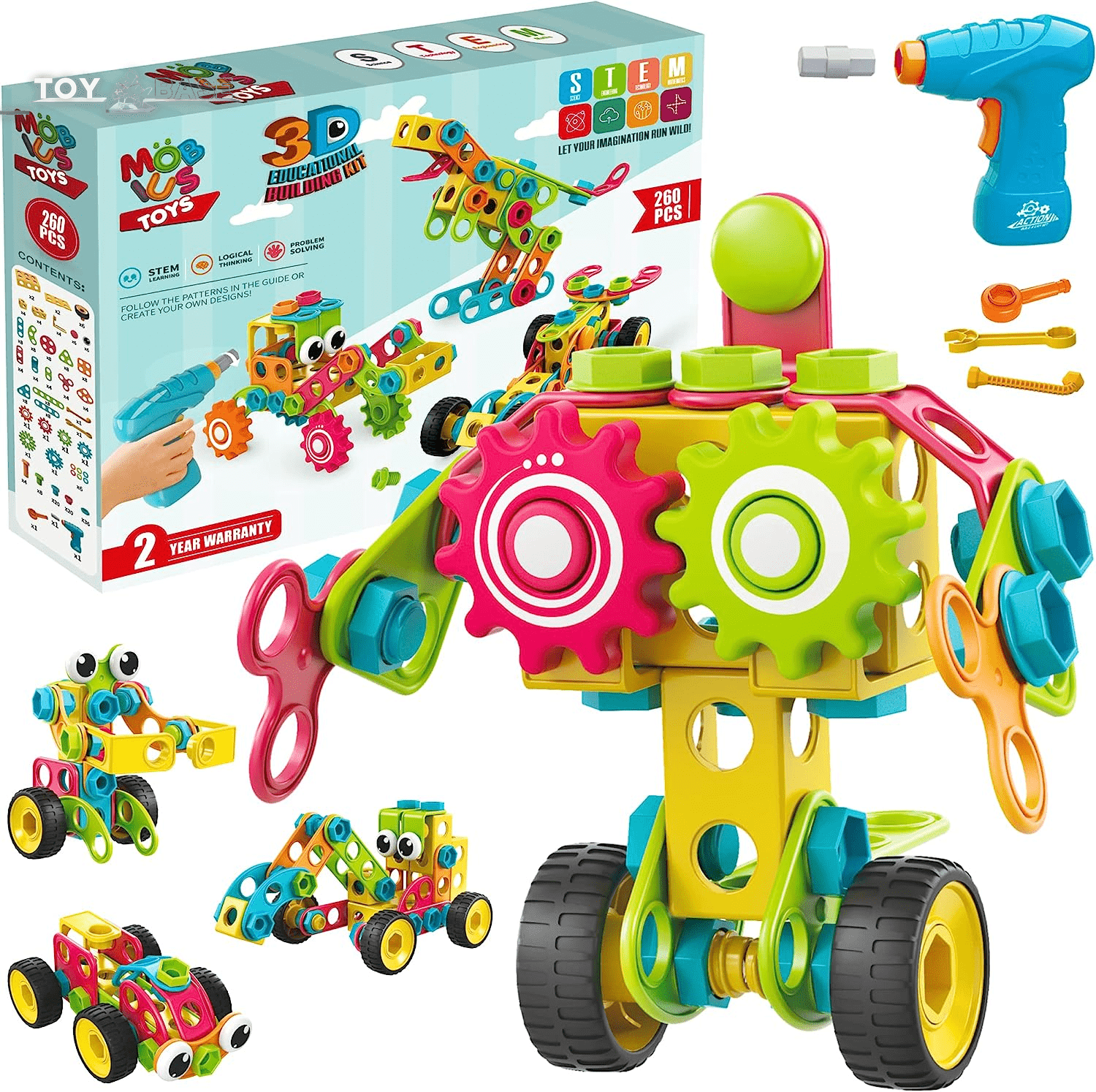 MOBI-US Toys 260 Piece STEM Learning Toys Kids Construction Engineering Kit Building Block Toy Blocks Children Early Education Playset Power Drill W/Free Ideabook, Clickable Ratchet, Age 3+ US-T260 - The Toy Base