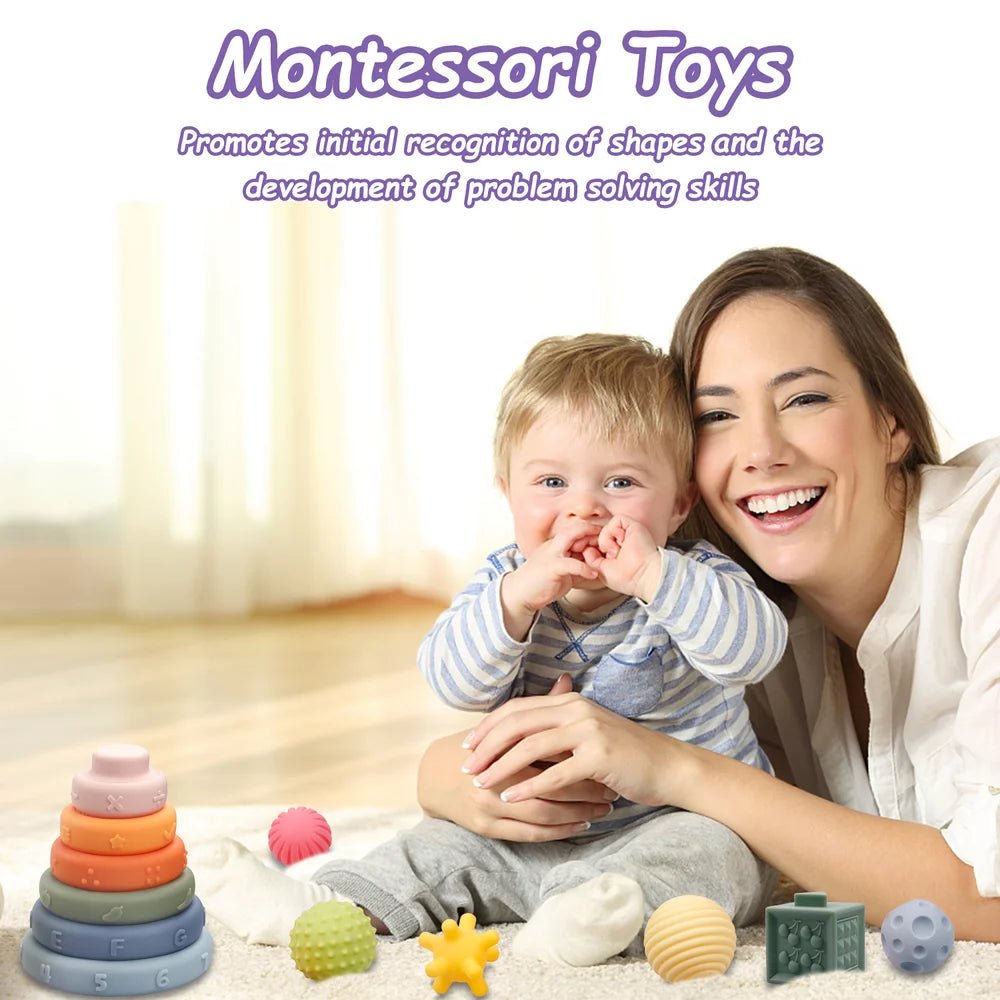 Montessori Toys for Babies,3 in 1 Baby Toys,Soft Stacking Building Blocks Rings Balls Sets,Soft Sensory Toys for Babies 0-6 Months,Child Teething Toys for 1-3 Year Old Gift - The Toy Base